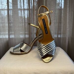 Veronica Beard Metallic Silver Ankle Strap Stiletto 4” High Heels 37.5